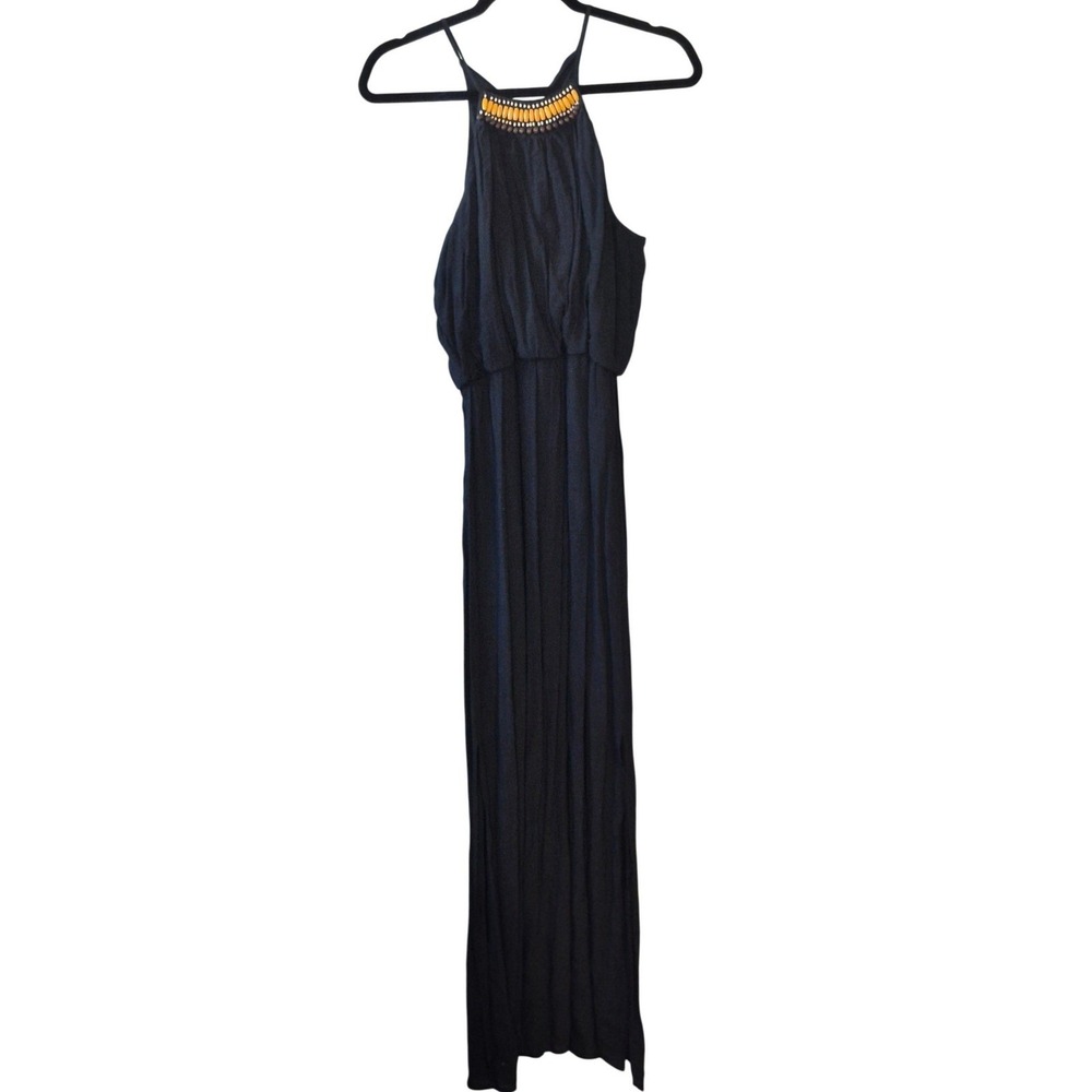 Almost Famous Black Beaded Halter Maxi Dress Boho Blouson Medium NEW